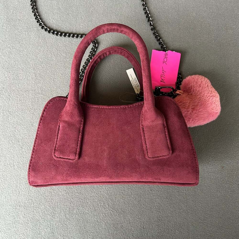 Betsey Johnson XOXO Faux Suede Mini Satchel with Heart Pom Charm - Picture 2 of 8